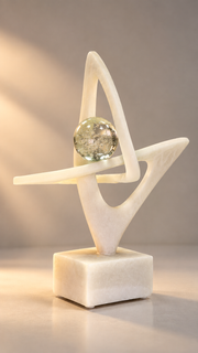 Abstract Interlocking Ribbon Marble Sculpture with Crystal Sphere