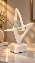 Abstract Interlocking Ribbon Marble Sculpture with Crystal Sphere – view 2