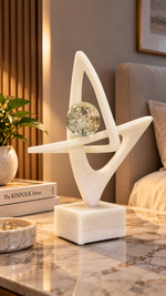 Abstract Interlocking Ribbon Marble Sculpture with Crystal Sphere – view 3